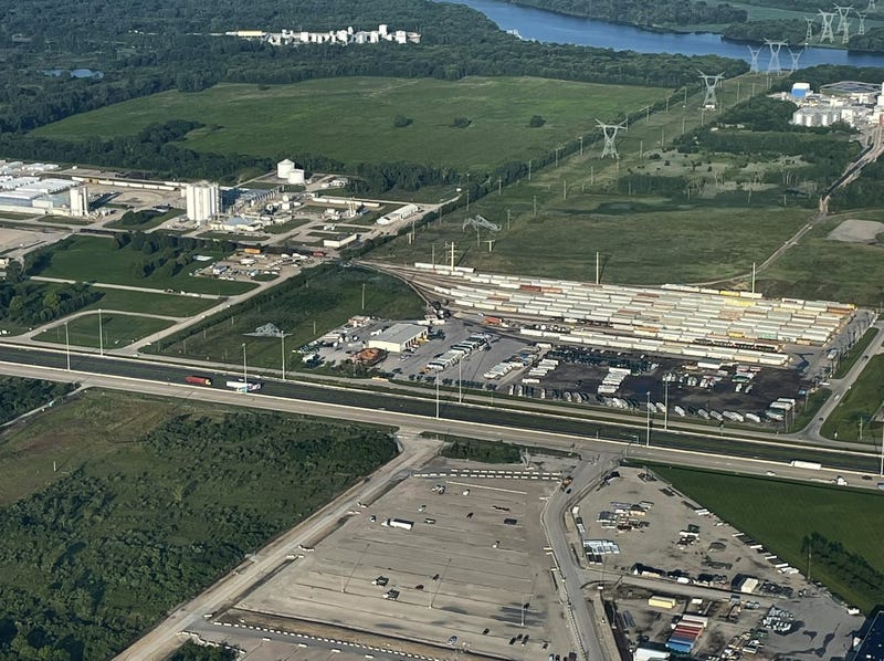 An aerial view of Interstate 55 in Channahon, Ill., which has been shut down after tornadoes ripped through the area and downed two steel transmission towers earlier this week.