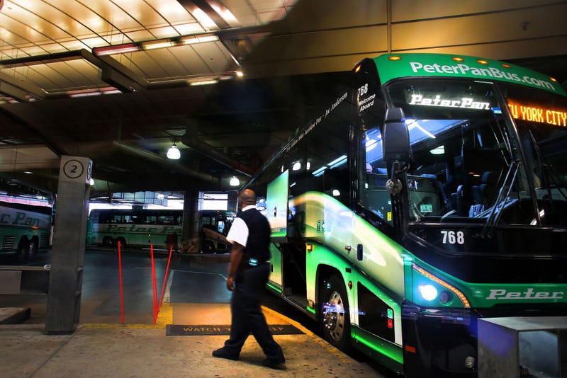 A Peter Pan bus awaits a departure to NYC at the South Station bus terminal in Boston on Nov. 1, 2017.