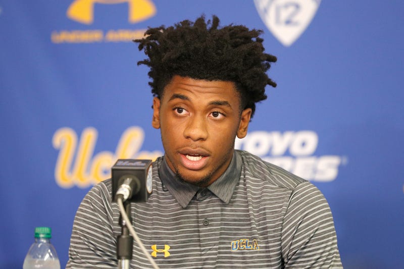 Jalen Hill of the UCLA Men's Baskeball speaks to the media during a press conference at Pauley Pavilion on November 15, 2017 in Los Angeles, California. Hill and two teammates have been suspended from the team after allegedly shoplifting while on a school trip to China. 