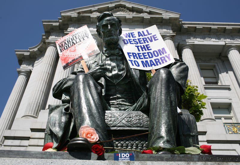 Signs supporting same-sex marriage are seen on a statue of Abraham Lincoln outside of San Francisco City Hall May 26, 2009 in San Francisco, California.