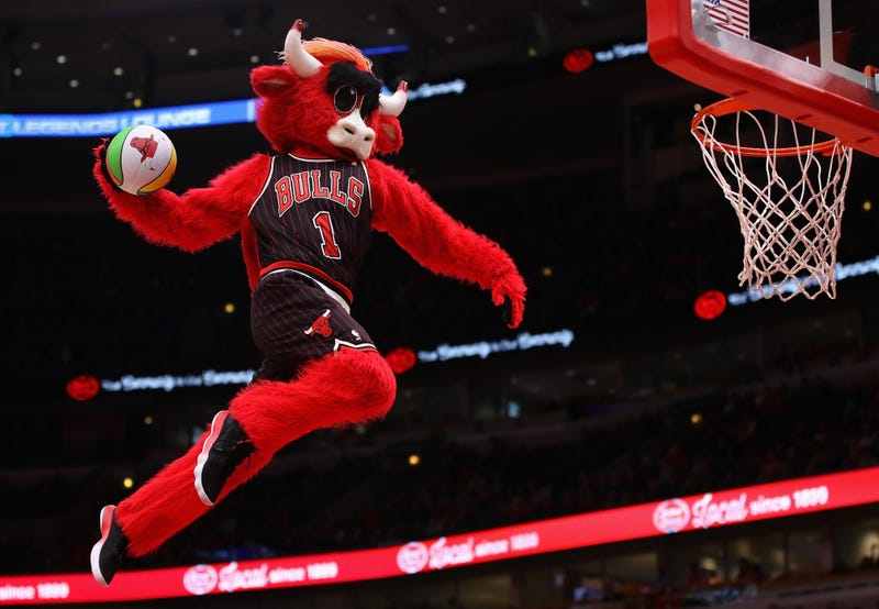 Benny, the mascot for the Chicago Bulls performs during a break between the Bulls and the Miami Heat at the United Center on November 26, 2017 in Chicago, Illinois. 