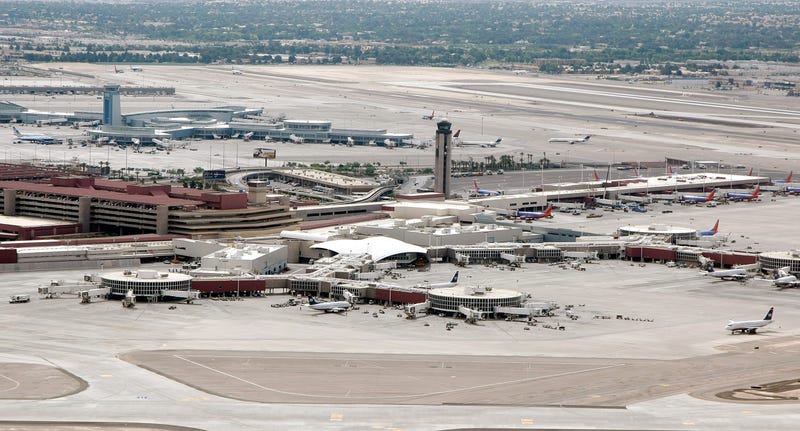 An aerial view of McCarran International Airport in Las Vegas, NV