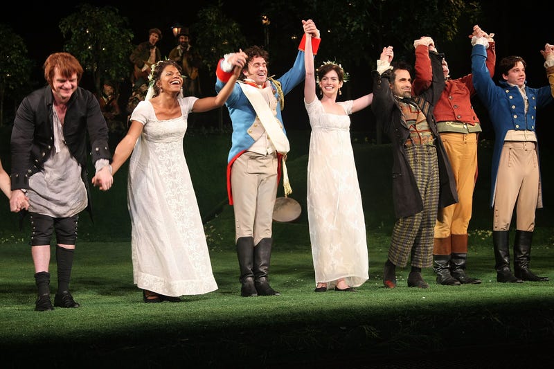 Actors Audra McDonald, Raul Esparza, Anne Hathaway and David Pittu perform during the the opening night performance of "Twelfth Night" at the Delacorte Theater on June 25, 2009
