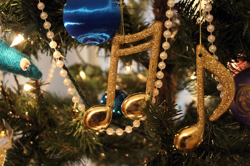 Music note Christmas ornaments on a tree