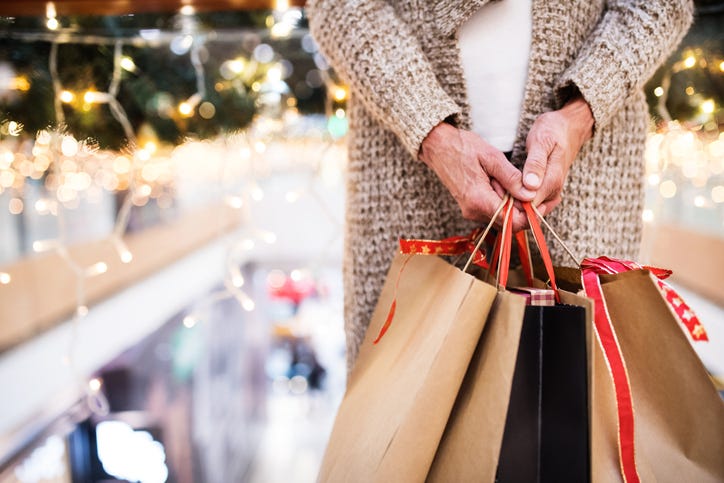 Senior woman with bags doing Christmas shopping