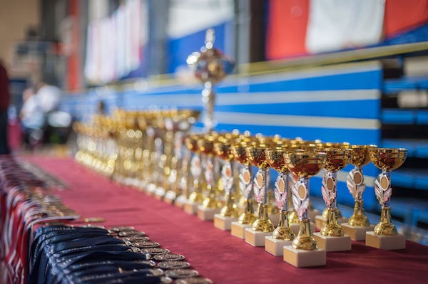 Trophies and medals lined up on table