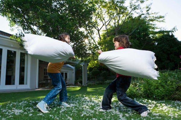 Two kids having a pillow fight in the backyard