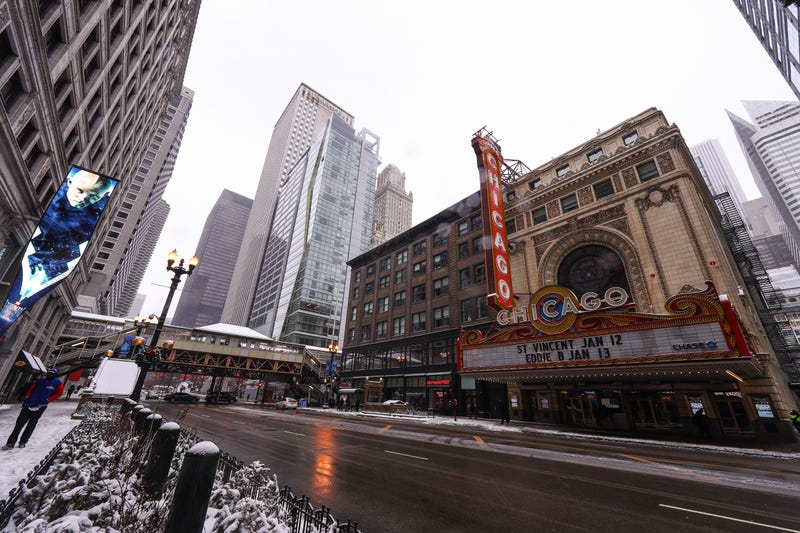 Snow outside of the Chicago Theater