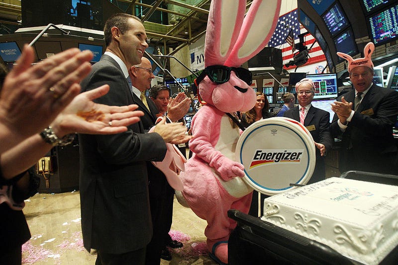 The Energizer Bunny appears on the floor of the New York Stock Exchange to celebrate the 20th birthday of the Energizer Bunny August 25, 2009 in New York City.