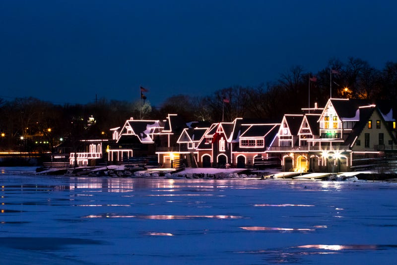 Boathouse Row on a frozen Schuylkill River