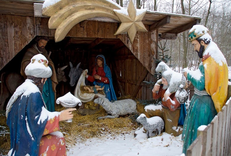 Nativity scene covered in snow