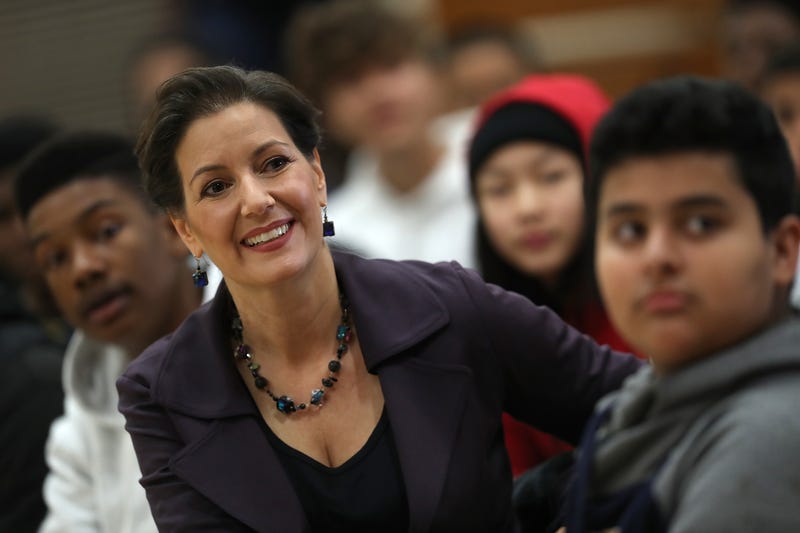 Oakland mayor Libby Schaaf looks on during an assembly at Edna Brewer Middle School
