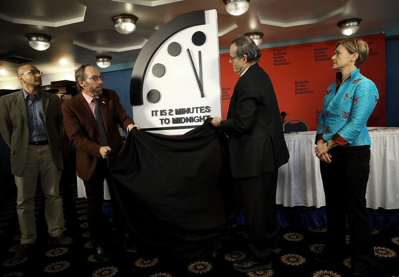 The Bulletin of the Atomic Scientists unveil the 2018 "Doomsday Clock" on January 25, 2018 in Washington, D.C. In 2021, the clock is now at 100 seconds to midnight.