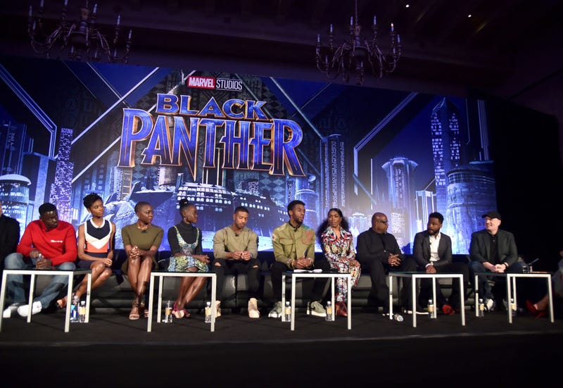 Actors Daniel Kaluuya, Letitia Wright, Danai Gurira, Lupita Nyong'o, Michael B. Jordan, Chadwick Boseman, Angela Bassett, and Forest Whitaker, and director Ryan Coogler attend the Marvel Studios' "Black Panther" press junket in Jan. 2018 in Beverly Hills.