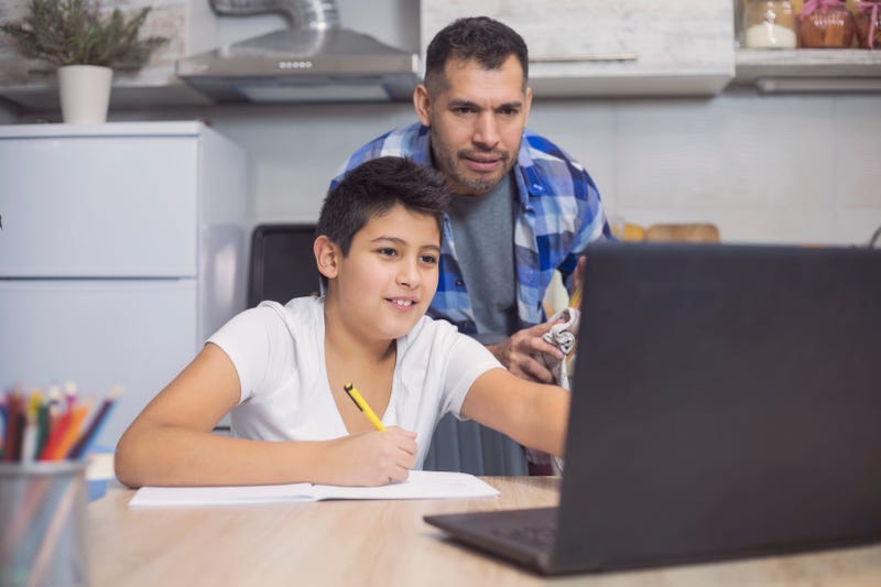 A father and son using a laptop together