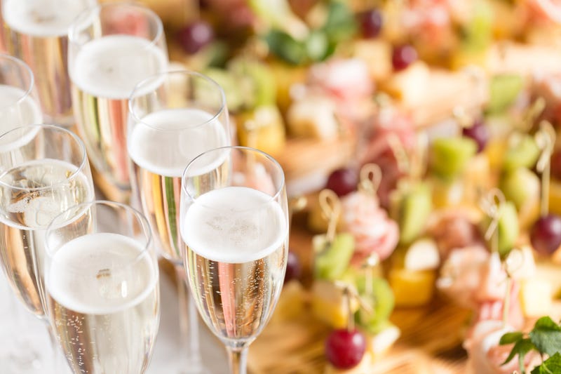 wedding reception food and champagne