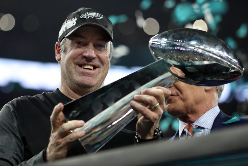 Doug Pederson smiles with Super Bowl trophy