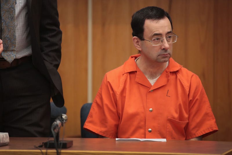 Larry Nassar sits in court listening to statements before being sentenced by Judge Janice Cunningham for three counts of criminal sexual assault in Eaton County Circuit Court on February 5, 2018 in Charlotte, Michigan.