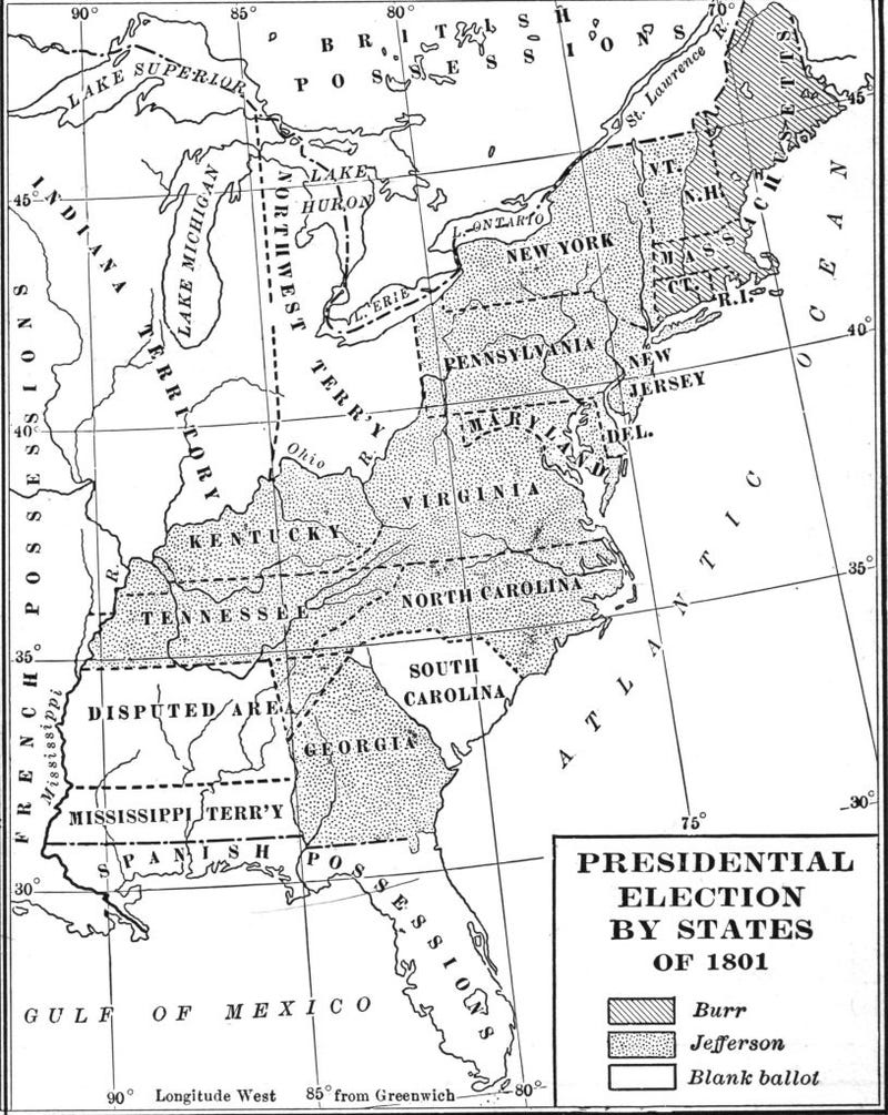 Map illustrates votes, by state, in the US Presidential election of 1800, late nineteenth century. It is broken down as votes for Aaron Burr, Thomas Jefferson, or 'Blank Ballot'.