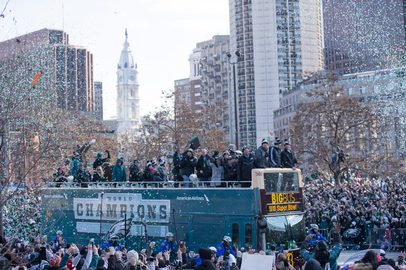 The Philadelphia Eagles drive around the city during the Super Bowl LII parade on Feb. 8, 2018, in Philadelphia, Pennsylvania.