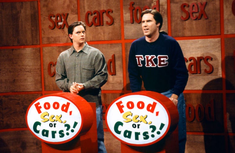 SATURDAY NIGHT LIVE -- Episode 17 -- Pictured: (l-r) Jim Breuer Brett Roberts, Will Ferrell as Kyle Richards during the 'Food, Sex, or Cars?!' skit on April 12, 1997.