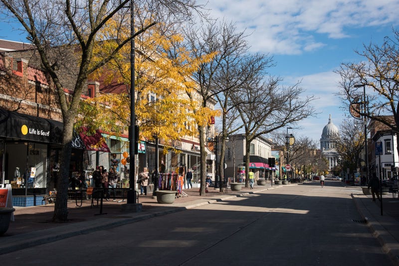 State Street in Madison, Wis., looking toward the state Capitol. On Saturday, a neo-Nazi group marched down the street toward the Capitol building.