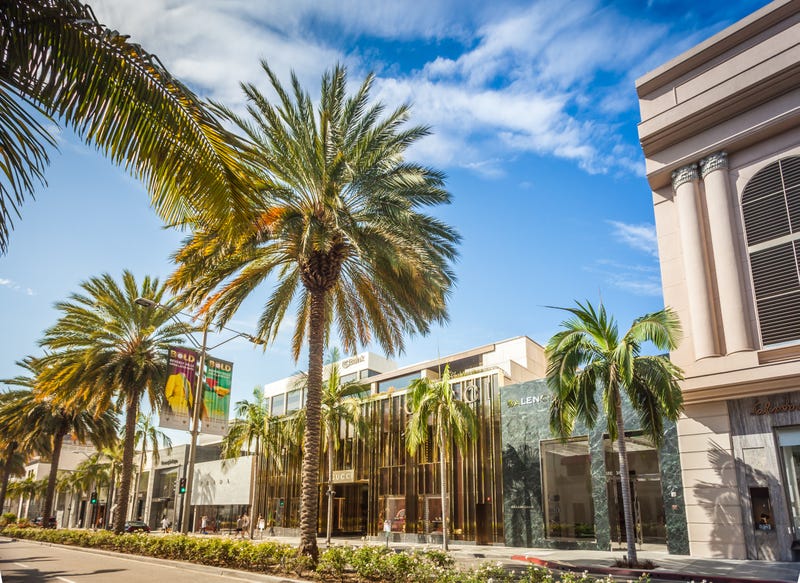 storefront behind palm trees