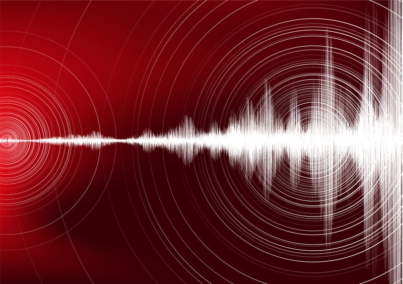 Digital Earthquake Wave with Circle Vibration on Dark Red background,audio wave diagram concept