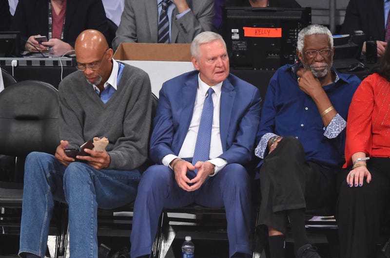 (L-R) NBA Hall of Famers Kareem Abdul Jabbar, Jerry West and Bill Russell attend the NBA All-Star Game 2018 at Staples Center on February 18, 2018 in Los Angeles, California.