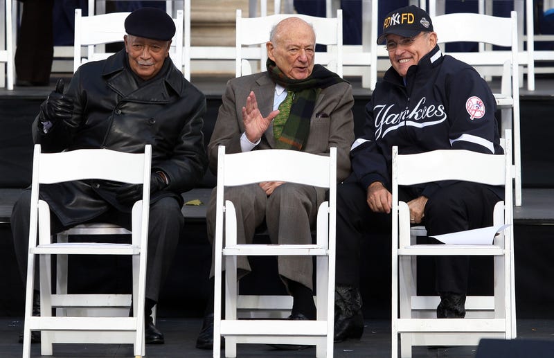 Former New York City Mayors David Dinkins, Ed Koch, and Rudolph Giuliani talk prior to the start of the New York Yankees World Series Victory Celebration at City Hall on November 6, 2009 in New York, New York.
