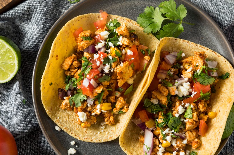 Healthy Homemade Sofritas Tofu Tacos with Tomato Onion and Cilantro