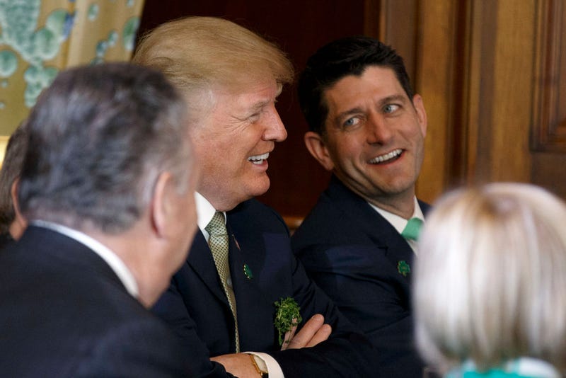 United States President Donald J. Trump laughs with United States Speaker of the House of Representatives Paul Ryan, Republican of Wisconsin, at the Friends of Ireland luncheon at the United States Capitol March 15, 2018 in Washington, DC. . The Taoiseach is visiting as part of the traditional St Patrick's Day celebrations (Photo by Alex Edelman-Pool/Getty Images)