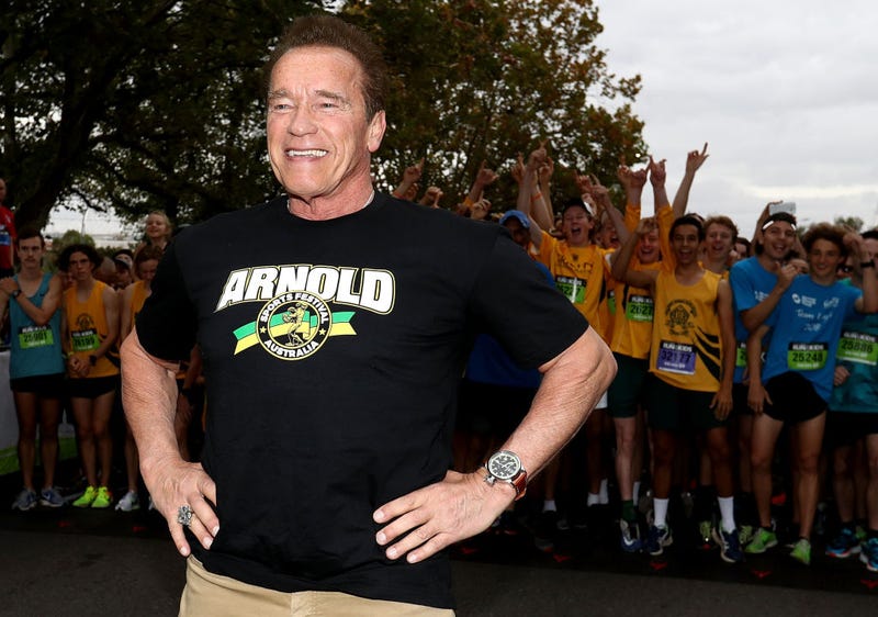 Arnold Schwarzenegger prepares to start the Run for the Kids charity run as part of the Arnold Sports Festival Australia at at the Alexander Gardens on March 18,