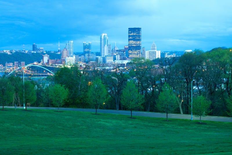 Schenley Park at Oakland neighborhood and downtown city skyline