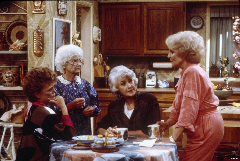 American actresses Rue McClanahan, Estelle Getty, Bea Arthur and Betty White in an episode of the sitcom 'The Golden Girls', 24th September 1985.
