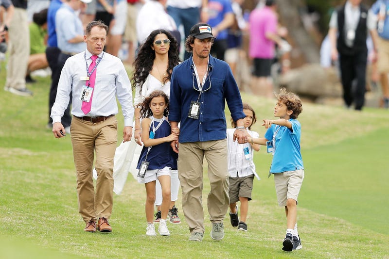 Actors Matthew McConaughey, Camila Alves and their children Levi, Vida and Livingston attend the final round of the World Golf Championships-Dell Match Play at Austin Country Club on March 25, 2018 in Austin, Texas. (Photo by Richard Heathcote/Getty Images)