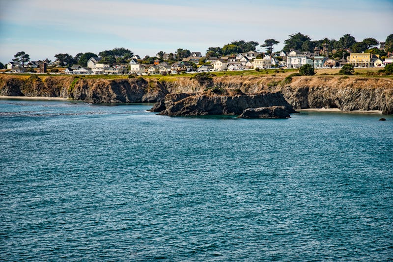 Town of Mendocino, California, sitting on the bluff above the Pacific Ocean.