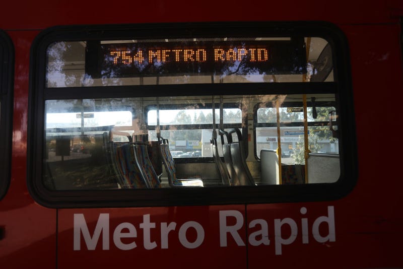 A public bus stands empty on March 28, 2018 in Los Angeles, California. Between 2016 and 2017, public transit ridership fell in the country's seven largest transit markets- New York, Chicago, Los Angeles, D.C., San Francisco, Boston and Philadelphia. Researchers conclude losses stem from lower gas prices, increased teleworking, a rise in the use of Uber and Lyft, along with other factors. (Photo by Mario Tama/Getty Images)