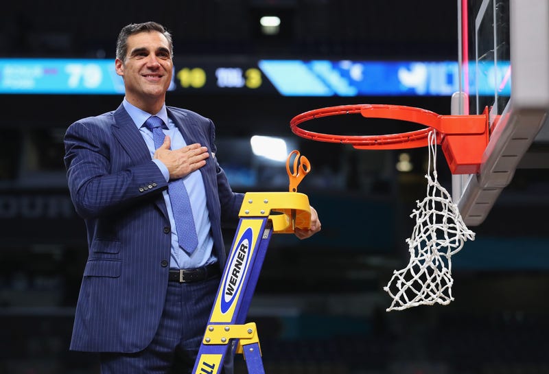 Villanova Wildcats head coach Jay Wright cuts down the net after defeating the Michigan Wolverines during the 2018 NCAA Men's Final Four National Championship game at the Alamodome on April 2, 2018 in San Antonio, Texas.