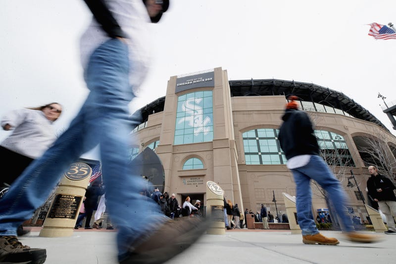 Fans arrive at Guaranteed Rate Field for the Opening Day home game between the Chicago White Sox and the Detroit Tigers on April 5, 2018 in Chicago, Illinois.