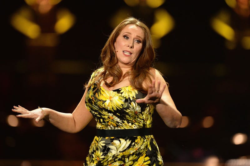 Host Catherine Tate speaks on stage during The Olivier Awards with Mastercard at Royal Albert Hall on April 8, 2018 in London, England.