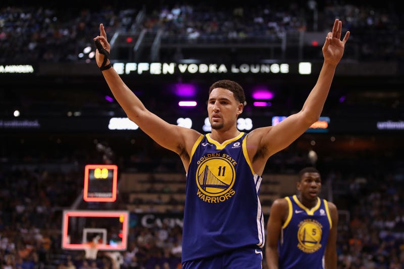 Klay Thompson #11 of the Golden State Warriors reacts during the first half of the NBA game against the Phoenix Suns at Talking Stick Resort Arena on April 8, 2018 in Phoenix, Arizona.