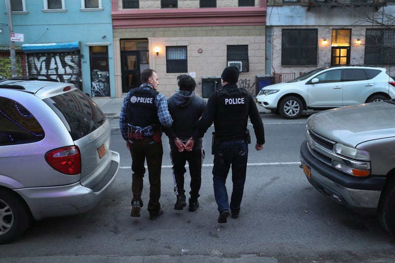 U.S. Immigration and Customs Enforcement (ICE), officers arrest an undocumented Mexican immigrant during a raid in the Bushwick neighborhood of Brooklyn on April 11, 2018 in New York City.