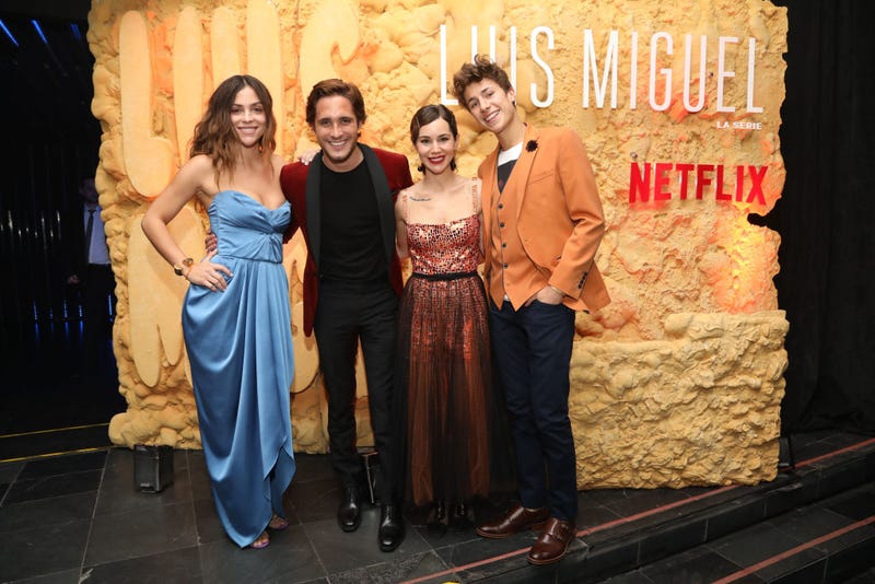 aulina Davila, Diego Boneta, Camila Sodi and Juan Pablo Zurita pose during the Netflix Luis Miguel Premiere Party at Cinemex Antara on April 17, 2018 in Mexico City, Mexico.