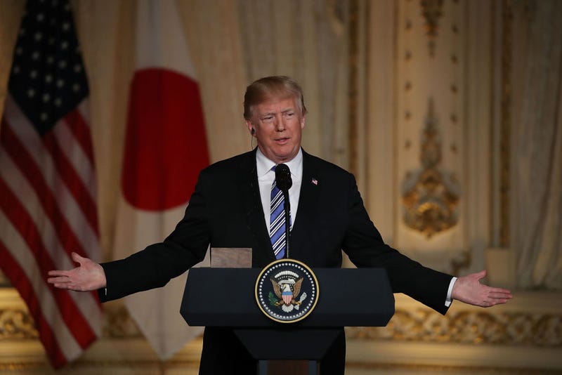 U.S. President Donald Trump speaks at a joint news conference held with Japanese Prime Minister Shinzo Abe at Mar-a-Lago resort on April 18, 2018 in West Palm Beach, Florida. 