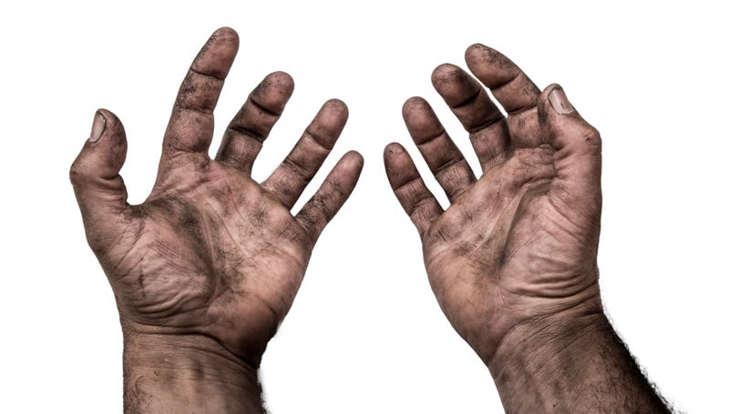 Dirty hand of worker, male