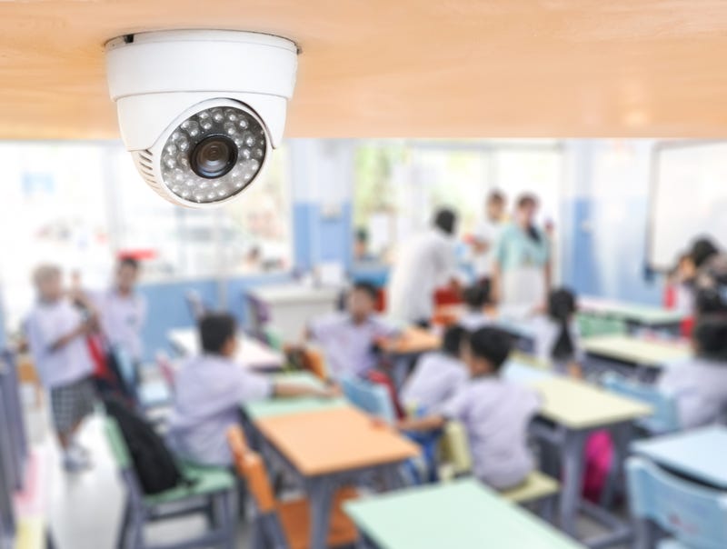 Camera in a classroom stock photo. 