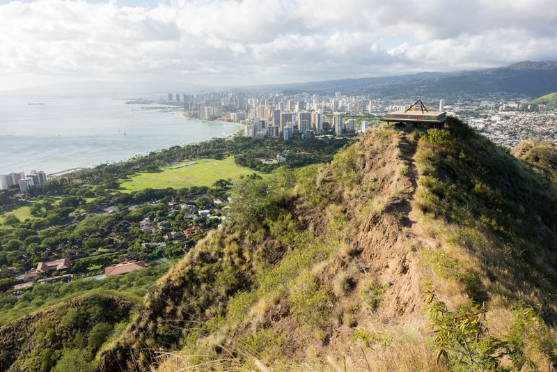 Skyline view of Waikiki Beach and Honolulu from Diamond Head in Oahu, Hawaii.