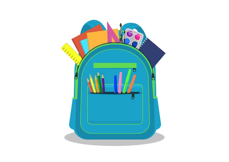 School backpack with stationery on white background