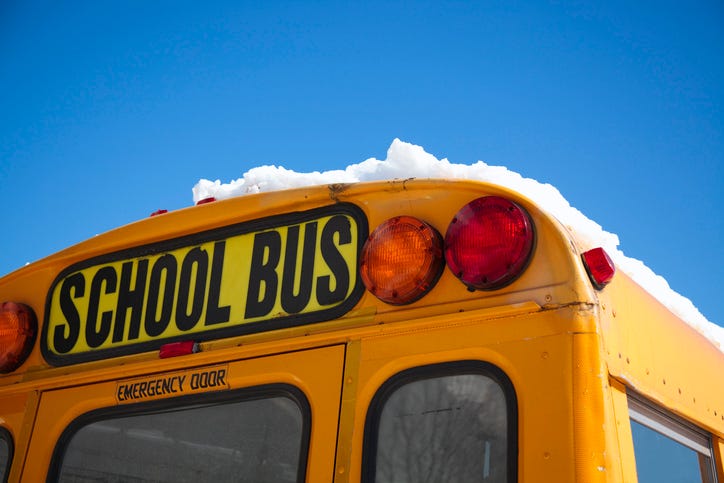 Stock photo of school bus with snow on the roof